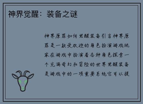 神界觉醒：装备之谜
