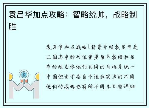 袁吕华加点攻略：智略统帅，战略制胜